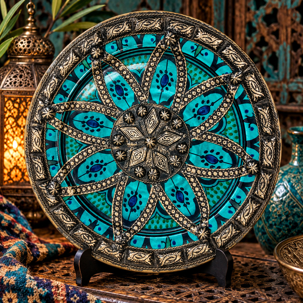 Moroccan Fez Hand Painted Ceramic Silver Nickel Tone Filigree Wall Plate 10"
